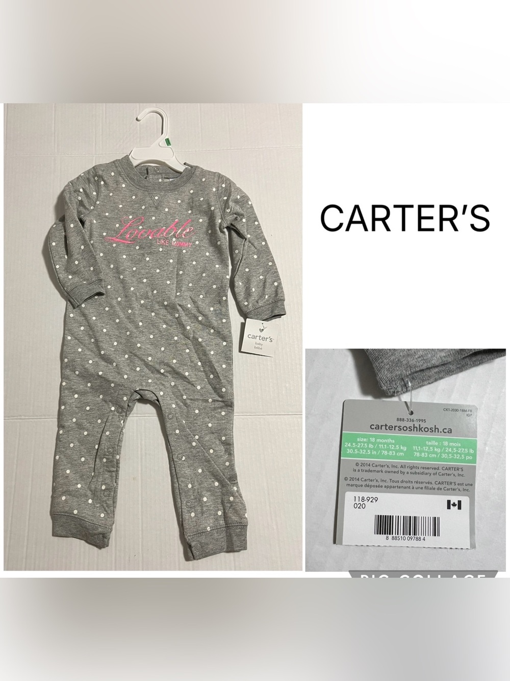 CARTER’S - 18M - NWT - INFANT GIRLS PINK / GREY COVERALL